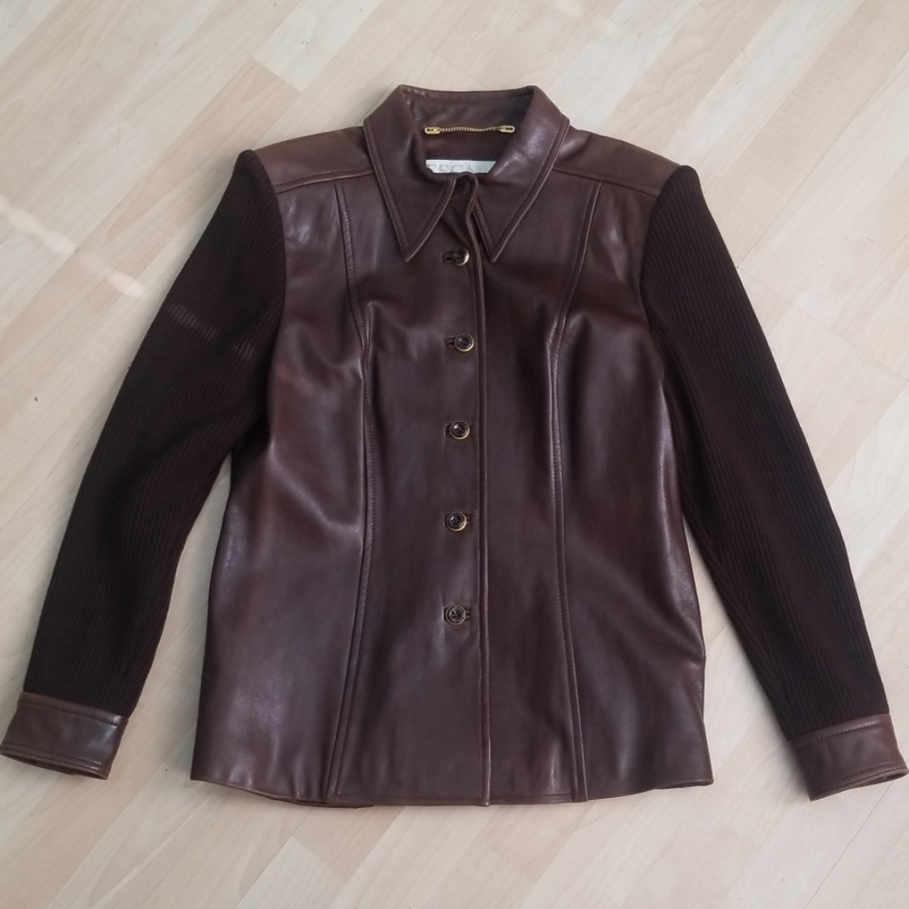 Vintage Escada brown leather and knit jacket